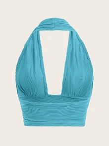 SHEIN ICON Solid Backless Halter Top Teal Topbeach Topblue Top Women - Mint Blue - View 2