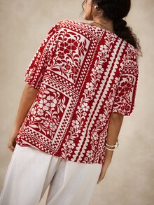 Nubod Summer New Pattern Print Round Neck Tassel Tie Puff Short Sleeve Fashion Casual Vacation Women's Blouse - Red - View 2