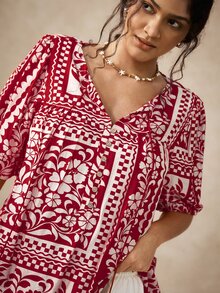 Nubod Summer New Pattern Print Round Neck Tassel Tie Puff Short Sleeve Fashion Casual Vacation Women's Blouse - Red - View 6
