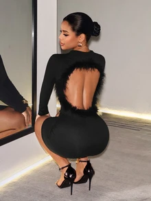 SHEIN BamGlam Women's Long-Sleeve Sexy Open-Back Mini Dress With Feather Patchwork And Cut-Out Design, Perfect For Halloween Party Night Out Black Autumn - Black - View 5