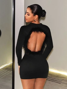 SHEIN BamGlam Women's Long-Sleeve Sexy Open-Back Mini Dress With Feather Patchwork And Cut-Out Design, Perfect For Halloween Party Night Out Black Autumn - Black - View 2