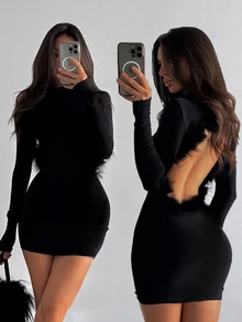 SHEIN BamGlam Women's Long-Sleeve Sexy Open-Back Mini Dress With Feather Patchwork And Cut-Out Design, Perfect For Halloween Party Night Out Black Autumn - Black - View 9
