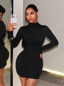 SHEIN BamGlam Women's Long-Sleeve Sexy Open-Back Mini Dress With Feather Patchwork And Cut-Out Design, Perfect For Halloween Party Night Out Black Autumn - Black - View 7