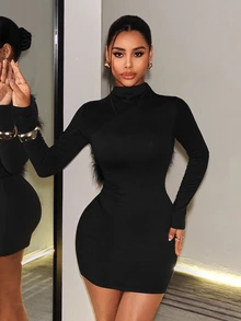 SHEIN BamGlam Women's Long-Sleeve Sexy Open-Back Mini Dress With Feather Patchwork And Cut-Out Design, Perfect For Halloween Party Night Out Black Autumn - Black - View 6