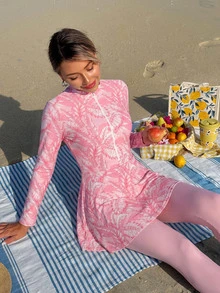 Swim Mulvari Women's 2-Piece White Base Colorful Seashell Random Print Long Sleeve Half-Zip Fitted Top With A-Line Hem Dress And Fitted Long Pants Middle Eastern Burkini - Pink - View 6