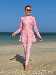 Swim Mulvari Women's 2-Piece White Base Colorful Seashell Random Print Long Sleeve Half-Zip Fitted Top With A-Line Hem Dress And Fitted Long Pants Middle Eastern Burkini - Pink - View 5