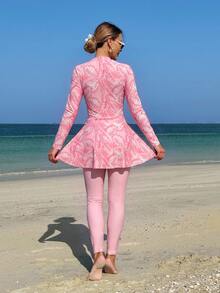 Swim Mulvari Women's 2-Piece White Base Colorful Seashell Random Print Long Sleeve Half-Zip Fitted Top With A-Line Hem Dress And Fitted Long Pants Middle Eastern Burkini - Pink - View 3