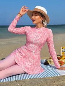 Swim Mulvari Women's 2-Piece White Base Colorful Seashell Random Print Long Sleeve Half-Zip Fitted Top With A-Line Hem Dress And Fitted Long Pants Middle Eastern Burkini - Pink - View 2