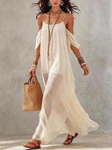 SHEIN Holidaya Women's Summer Vacation Minimalist Fashion Dress, Spaghetti Strap Design - Apricot - View 6