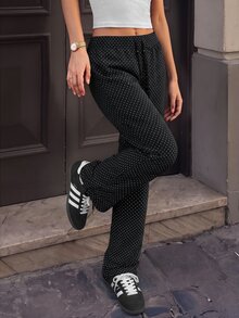 Pariaura Women's Minimalist Polka Dot Print Drawstring Waist Sports Long Pants - Black - View 5