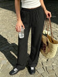 Pariaura Women's Minimalist Polka Dot Print Drawstring Waist Sports Long Pants - Black - View 1