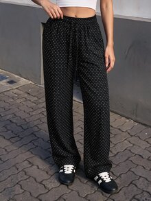 Pariaura Women's Minimalist Polka Dot Print Drawstring Waist Sports Long Pants - Black - View 6