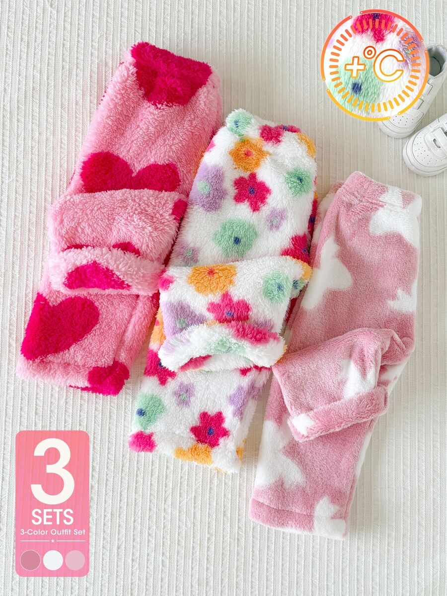 SHEIN Playful Pals 3件組幼女毛絨內搭褲，可愛甜美粉白配色，愛心花朵蝴蝶印花，毛茸茸加厚彈性，適合生日派對、冬季秋季、聖誕假期
