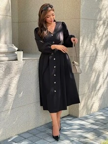 Calvaya Plus Size Long Sleeve Cinched Waist Long V-Neck Dress Fall - Black - View 7