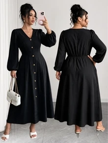 Calvaya Plus Size Long Sleeve Cinched Waist Long V-Neck Dress Fall - Black - View 3