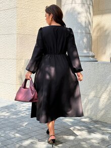 Calvaya Plus Size Long Sleeve Cinched Waist Long V-Neck Dress Fall - Black - View 2