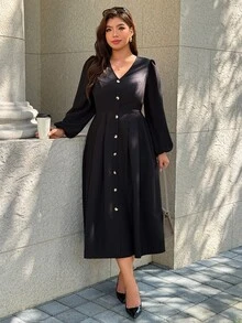 Calvaya Plus Size Long Sleeve Cinched Waist Long V-Neck Dress Fall - Black - View 4