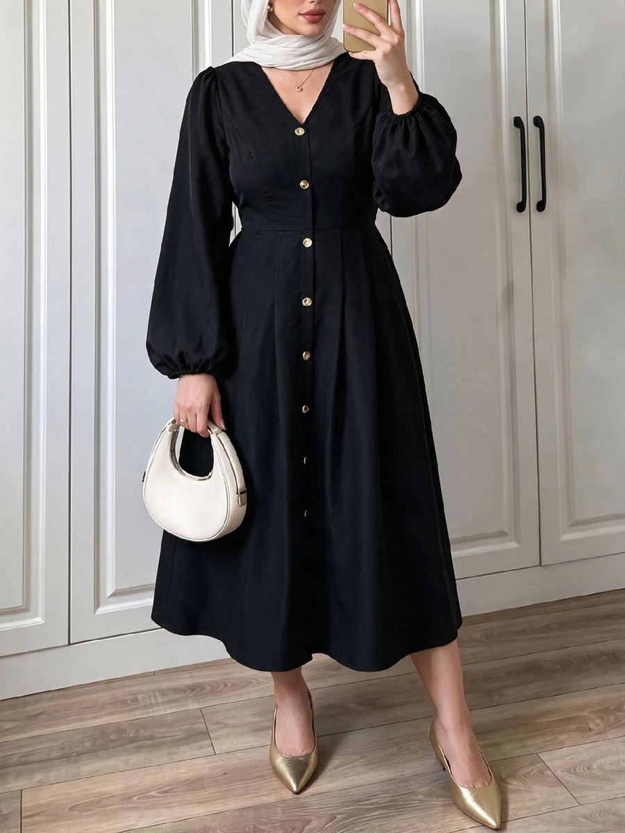 Calvaya Plus Size Long Sleeve Cinched Waist Long V-Neck Dress Fall - Black - View 1