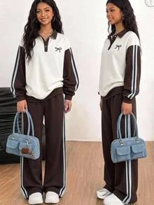 SHEIN 青少年女孩棕色奶油色拼接 POLO 領鈕扣門襟長袖運動衫與條紋寬腿褲套裝，學院風秋季穿搭秋季服飾 - 咖啡棕 - 查看 1