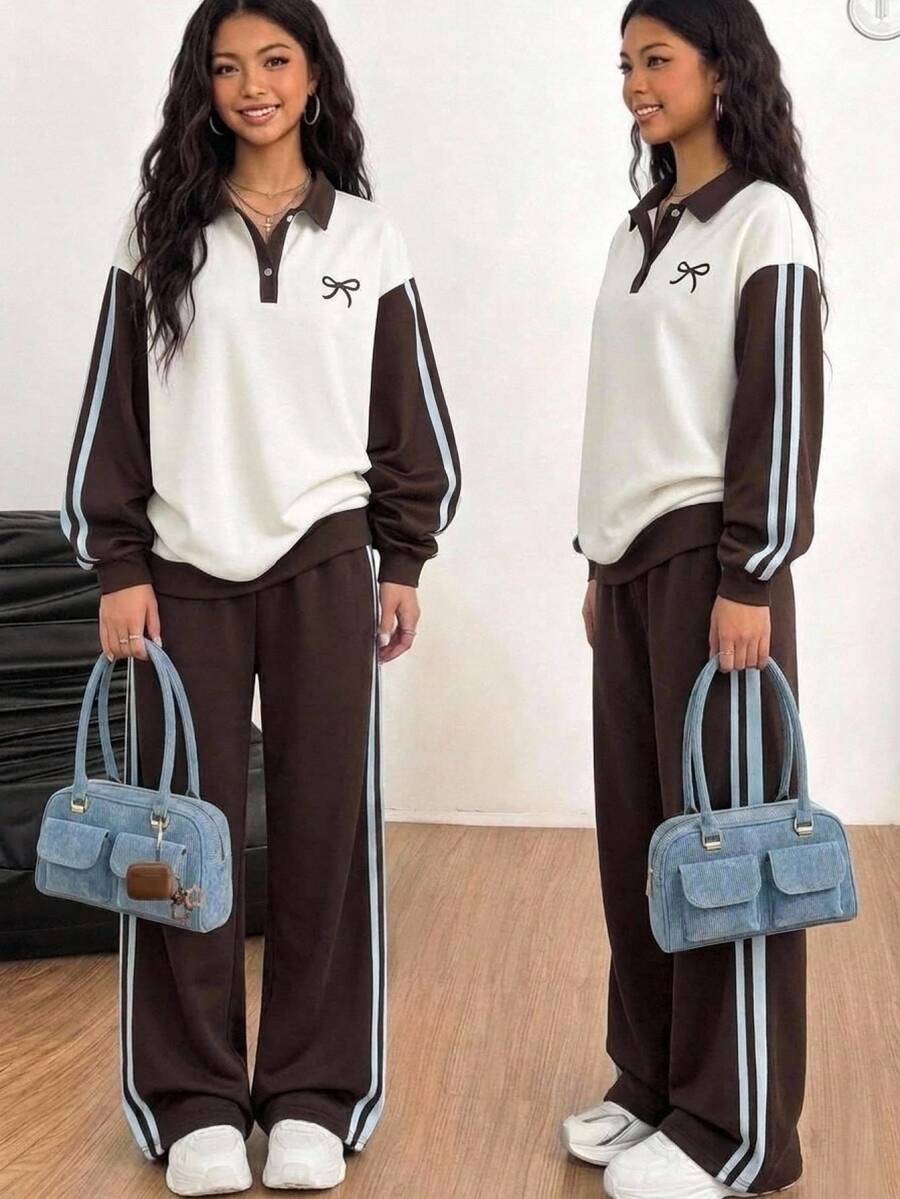 SHEIN 青少年女孩棕色奶油色拼接 POLO 領鈕扣門襟長袖運動衫與條紋寬腿褲套裝,學院風秋季穿搭秋季服飾 - 咖啡棕 - 查看 1