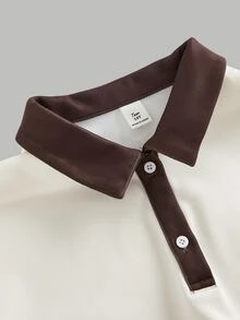 SHEIN 青少年女孩棕色奶油色拼接 POLO 領鈕扣門襟長袖運動衫與條紋寬腿褲套裝，學院風秋季穿搭秋季服飾 - 咖啡棕 - 查看 5