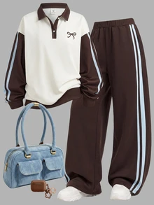 SHEIN 青少年女孩棕色奶油色拼接 POLO 領鈕扣門襟長袖運動衫與條紋寬腿褲套裝，學院風秋季穿搭秋季服飾 - 咖啡棕 - 查看 3