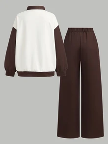 SHEIN 青少年女孩棕色奶油色拼接 POLO 領鈕扣門襟長袖運動衫與條紋寬腿褲套裝，學院風秋季穿搭秋季服飾 - 咖啡棕 - 查看 2