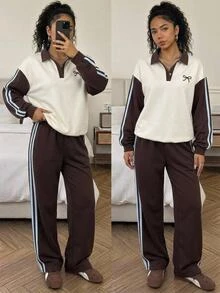 SHEIN 青少年女孩棕色奶油色拼接 POLO 領鈕扣門襟長袖運動衫與條紋寬腿褲套裝，學院風秋季穿搭秋季服飾 - 咖啡棕 - 查看 4
