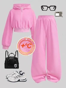 SHEIN Girlism 青少年女孩連帽衛衣套裝，秋冬抓絨粉色休閒街頭風拉鍊長袖外套＋寬鬆直筒長褲 2 件套 - 粉色 - 查看 3