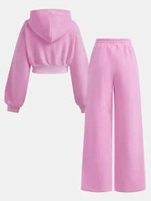 SHEIN Girlism 青少年女孩連帽衛衣套裝，秋冬抓絨粉色休閒街頭風拉鍊長袖外套＋寬鬆直筒長褲 2 件套 - 粉色 - 查看 2