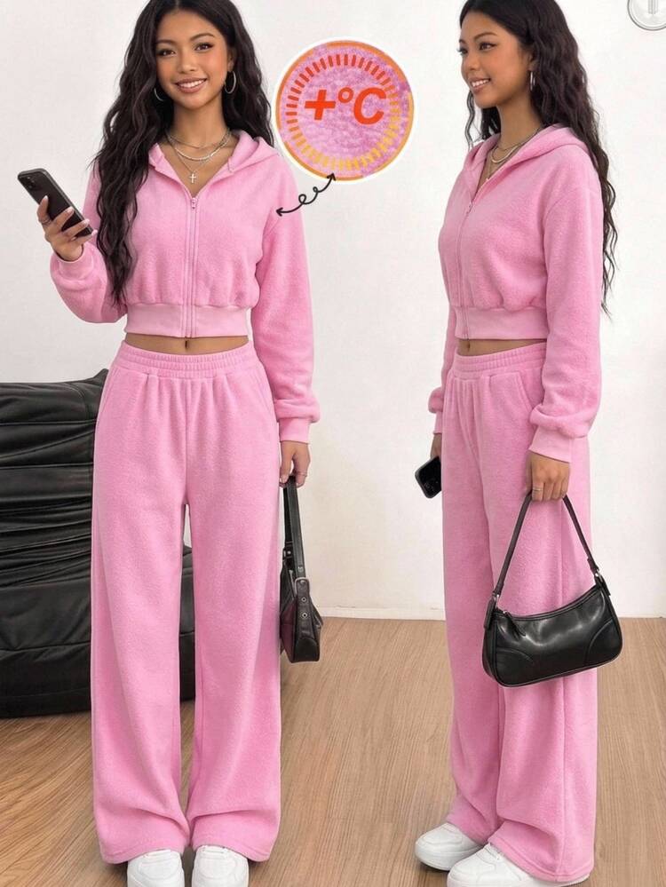 SHEIN Girlism Teen Girls Hoodie Sweatshirt Co-Ords, Autumn/Winter Fleece Pink Casual Streetwear Zip-Up Long Sleeve Jacket Loose Straight Leg Pants 2-Piece Set - Pink - View 4