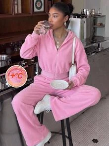 SHEIN Girlism 青少年女孩連帽衛衣套裝，秋冬抓絨粉色休閒街頭風拉鍊長袖外套＋寬鬆直筒長褲 2 件套 - 粉色 - 查看 1