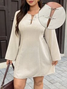 Easura Plus Size Women's Solid Color Casual Long Sleeve A-Line Dress Fall - Khaki - View 1