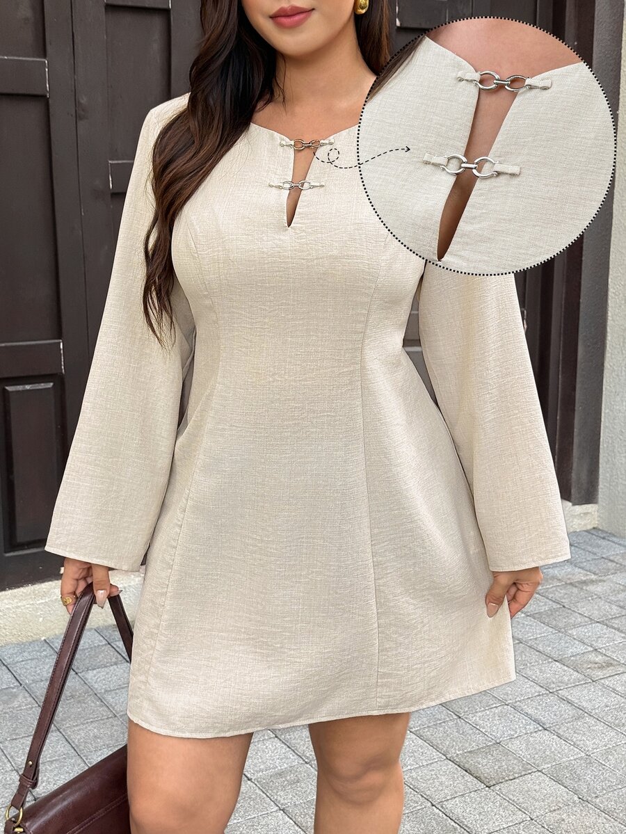 Easura Plus Size Women's Solid Color Casual Long Sleeve A-Line Dress Fall - Khaki - View 1