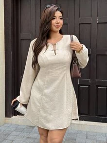 Easura Plus Size Women's Solid Color Casual Long Sleeve A-Line Dress Fall - Khaki - View 6