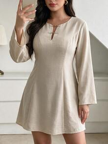Easura Plus Size Women's Solid Color Casual Long Sleeve A-Line Dress Fall - Khaki - View 3