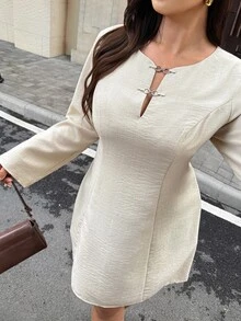 Easura Plus Size Women's Solid Color Casual Long Sleeve A-Line Dress Fall - Khaki - View 7