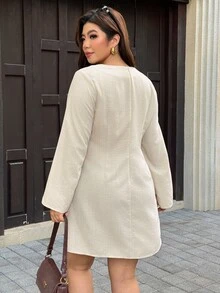 Easura Plus Size Women's Solid Color Casual Long Sleeve A-Line Dress Fall - Khaki - View 2