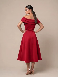 QUIZ Red Open Shoulder Pleated Bardot Neck A Line Skater Midi Dress, Wedding Guest Dress Women, Red Dress, Dresses For Women, Wedding Guest Dress, Summer Dress, Summer Dresses For Women, Autumn, Fall Clothes For Women, Autumn Dresses For Women - Red - View 2