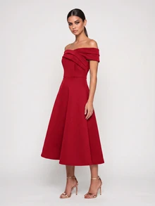 QUIZ Red Open Shoulder Pleated Bardot Neck A Line Skater Midi Dress, Wedding Guest Dress Women, Red Dress, Dresses For Women, Wedding Guest Dress, Summer Dress, Summer Dresses For Women, Autumn, Fall Clothes For Women, Autumn Dresses For Women - Red - View 6