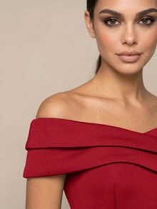 QUIZ Red Open Shoulder Pleated Bardot Neck A Line Skater Midi Dress, Wedding Guest Dress Women, Red Dress, Dresses For Women, Wedding Guest Dress, Summer Dress, Summer Dresses For Women, Autumn, Fall Clothes For Women, Autumn Dresses For Women - Red - View 3