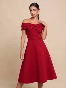QUIZ Red Open Shoulder Pleated Bardot Neck A Line Skater Midi Dress, Wedding Guest Dress Women, Red Dress, Dresses For Women, Wedding Guest Dress, Summer Dress, Summer Dresses For Women, Autumn, Fall Clothes For Women, Autumn Dresses For Women - Red - View 4