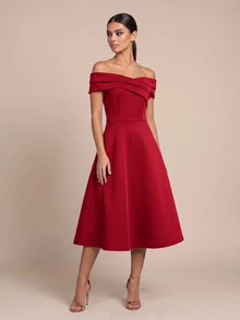 QUIZ Red Open Shoulder Pleated Bardot Neck A Line Skater Midi Dress, Wedding Guest Dress Women, Red Dress, Dresses For Women, Wedding Guest Dress, Summer Dress, Summer Dresses For Women, Autumn, Fall Clothes For Women, Autumn Dresses For Women - Red - View 5