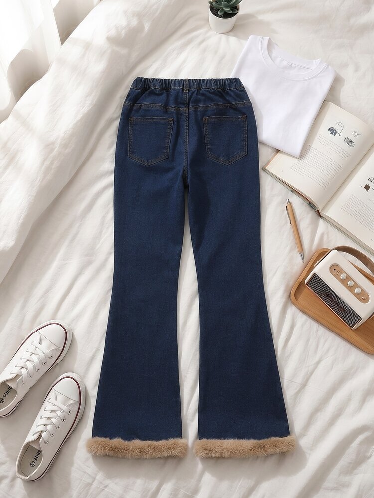 SHEIN TWEEN GIRLS GirlsDenim Jeans, Vintage Casual Streetwear Washed Color, Distressed Ripped Hem, Flared Leg Style, Beach School Navy Blue Summer - Dark Wash - View 2