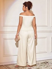 Elenzga Plus Size Women's Elegant 2-Piece Set Cold-Shoulder Ruffle Top + High-Waisted Wide-Leg Pants Set, Gentle Metallic Button Decor Solid Color Sophisticated Mature Style Outfit - Apricot - View 6