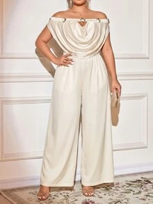 Elenzga Plus Size Women's Elegant 2-Piece Set Cold-Shoulder Ruffle Top + High-Waisted Wide-Leg Pants Set, Gentle Metallic Button Decor Solid Color Sophisticated Mature Style Outfit - Apricot - View 7