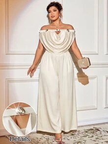 Elenzga Plus Size Women's Elegant 2-Piece Set Cold-Shoulder Ruffle Top + High-Waisted Wide-Leg Pants Set, Gentle Metallic Button Decor Solid Color Sophisticated Mature Style Outfit - Apricot - View 10