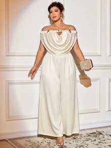 Elenzga Plus Size Women's Elegant 2-Piece Set Cold-Shoulder Ruffle Top + High-Waisted Wide-Leg Pants Set, Gentle Metallic Button Decor Solid Color Sophisticated Mature Style Outfit - Apricot - View 5