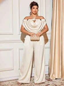 Elenzga Plus Size Women's Elegant 2-Piece Set Cold-Shoulder Ruffle Top + High-Waisted Wide-Leg Pants Set, Gentle Metallic Button Decor Solid Color Sophisticated Mature Style Outfit - Apricot - View 8