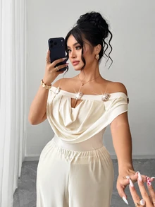 Elenzga Plus Size Women's Elegant 2-Piece Set Cold-Shoulder Ruffle Top + High-Waisted Wide-Leg Pants Set, Gentle Metallic Button Decor Solid Color Sophisticated Mature Style Outfit - Apricot - View 12